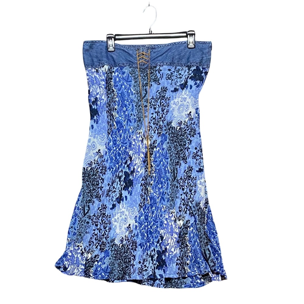 Faded Glory Y2K Blue Floral Denim Yoke Lace Up Midi Skirt Womens 14 Hippie Retro